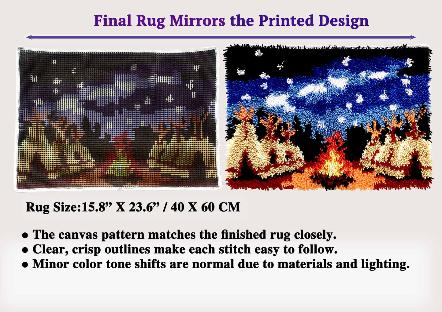 Starlit Campfire — Midnight Teepees–Real Finished Rug -Latch Hook Kits| Finished Rug Size 23.6 X 15.8 Inches/ 40X60 cm