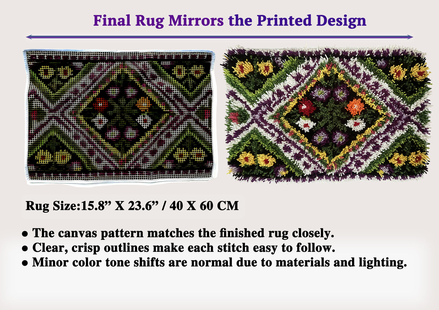 Floral Latch Hook Rug Kits for Adults, Crochet Sewing Kit Classic Latch Hook 3D Craft Kit for Home Decor Festival Gift (Size 23.6" X 15.8")