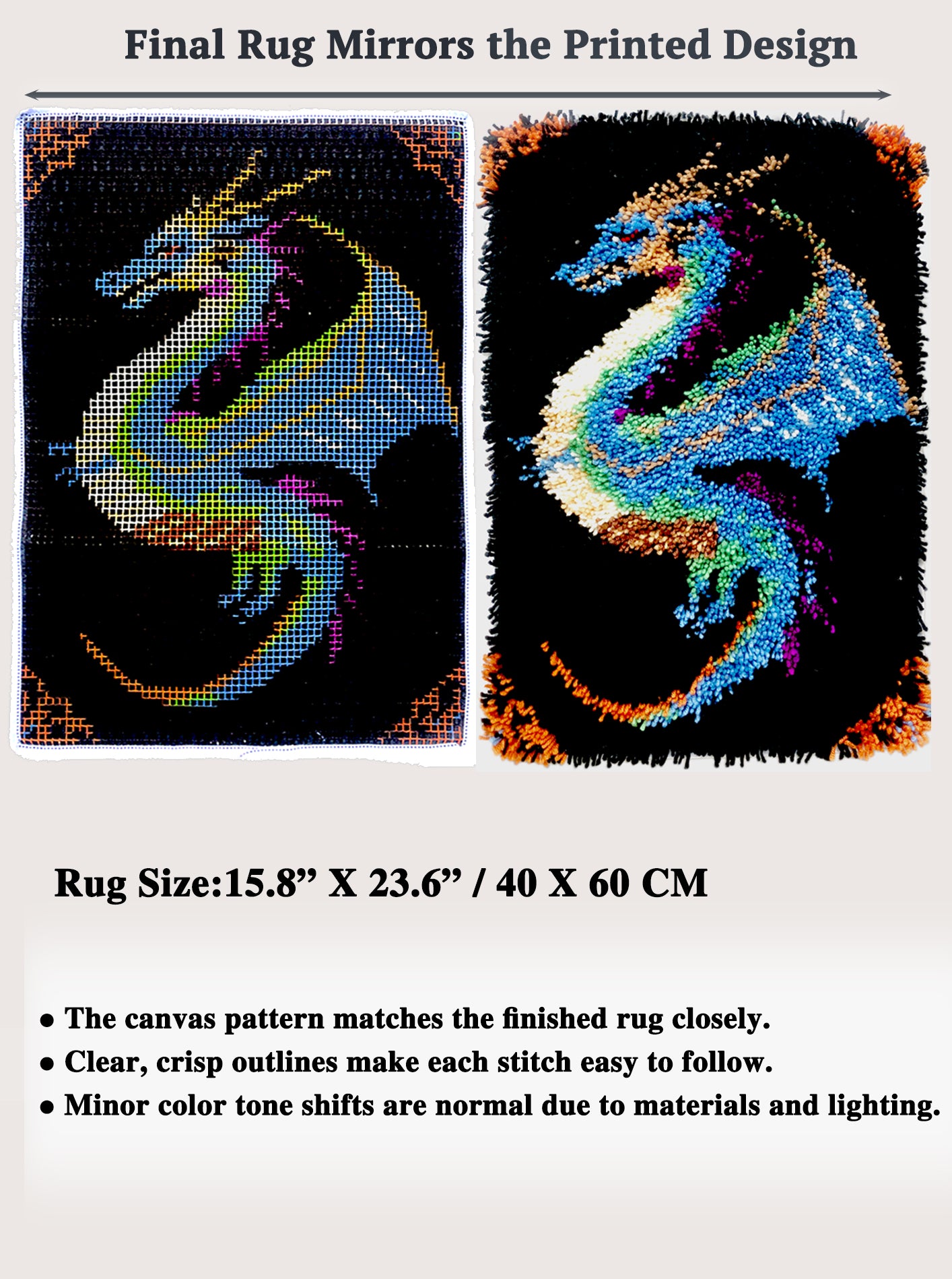 KitsMaster Dragon Latch Hook Kits for Adults & Beginners-Real Finished Rug Photo-Complete DIY Craft Kit, Includes Pre-Printed Canvas, Yarns, Tool, Number Chart (Size 23.6" X 15.8") (Mystic Dragon)