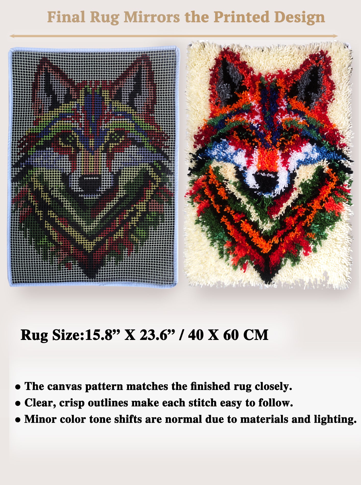 Wolf Latch Hook Kits for Adults & Beginners-Real Finished Rug Photo-Complete DIY Craft Kit, Includes Pre-Printed Canvas, Pre-Cut Yarns, Tool, Number Chart (Size 23.6" X 15.8")