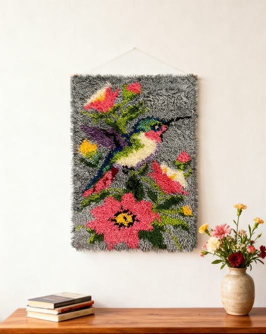 HummingBird  Latch Hook Kits for Adults & Beginners-Complete DIY Craft Kit, Includes Pre-Printed Canvas, Pre-Cut Yarns, Tool, Number Chart (Size 15.8" X23.6")