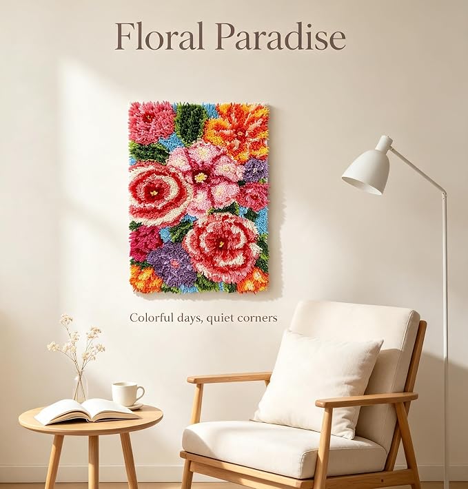 KitsMaster Floral Latch Hook Rug Kit for Adults&Beginners, Rug Making Craft | Blooming Bouquet Carpet Craft for Home Décor and Relaxing Hobby, Gift for Flower Lovers 23.6''x15.8'' (Floral Paradise)