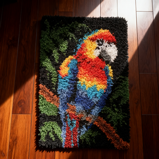 KitsMaster Tropical Parrot Latch Hook Kit – Pre-Printed Canvas, Color-Coded Yarn, Bright Macaw Rug Craft for Adults & Beginners (DIY Carpet Making Set)