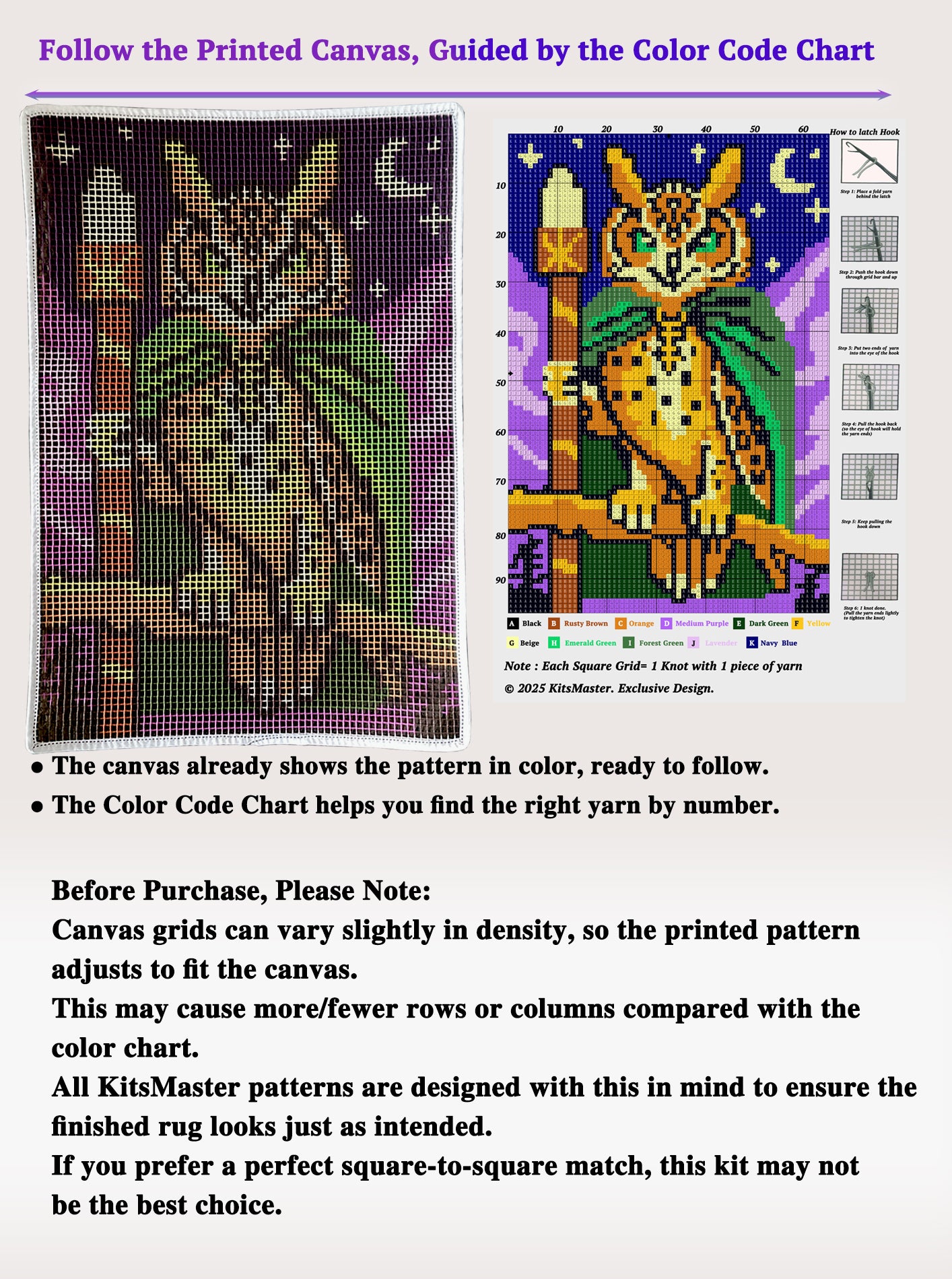KitsMaster Owl Wizard Latch Hook Kit – Pre-Printed Canvas, Color-Coded Yarn, Starry Night Rug Craft for Adults & Beginners (DIY Carpet Making Set)