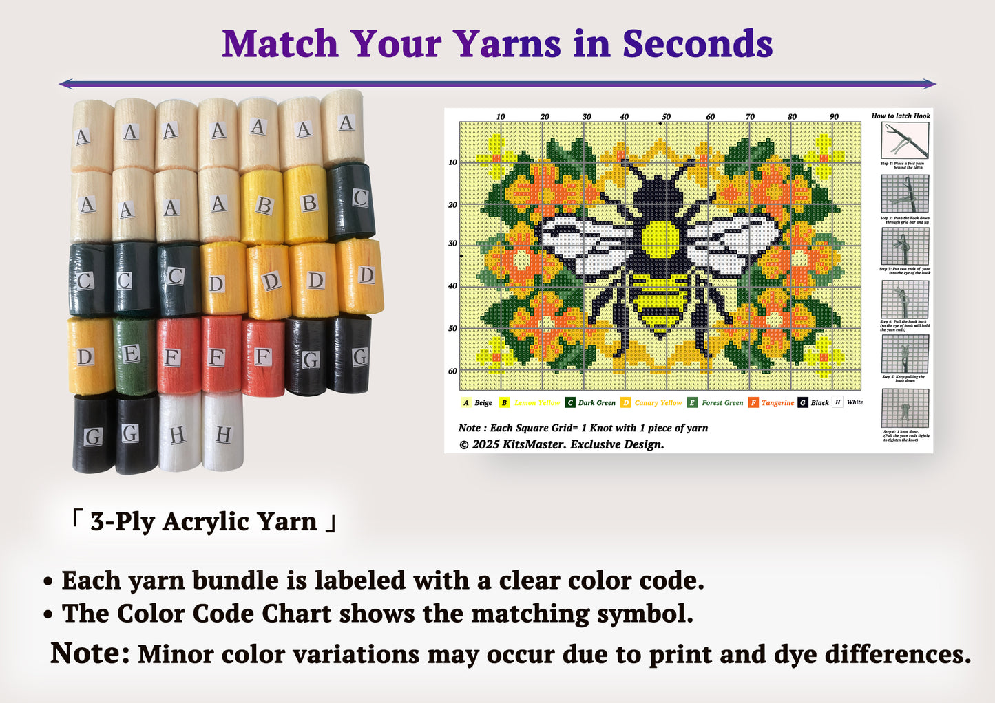 KitsMaster Buzzing Blooms” Latch Hook Kit – Bee & Flowers Design, Pre-Printed Canvas with Color-Coded Yarn, DIY Rug Making Kit for Adults & Beginners, 23.6''x15.8'' (Bee & Blossoms)