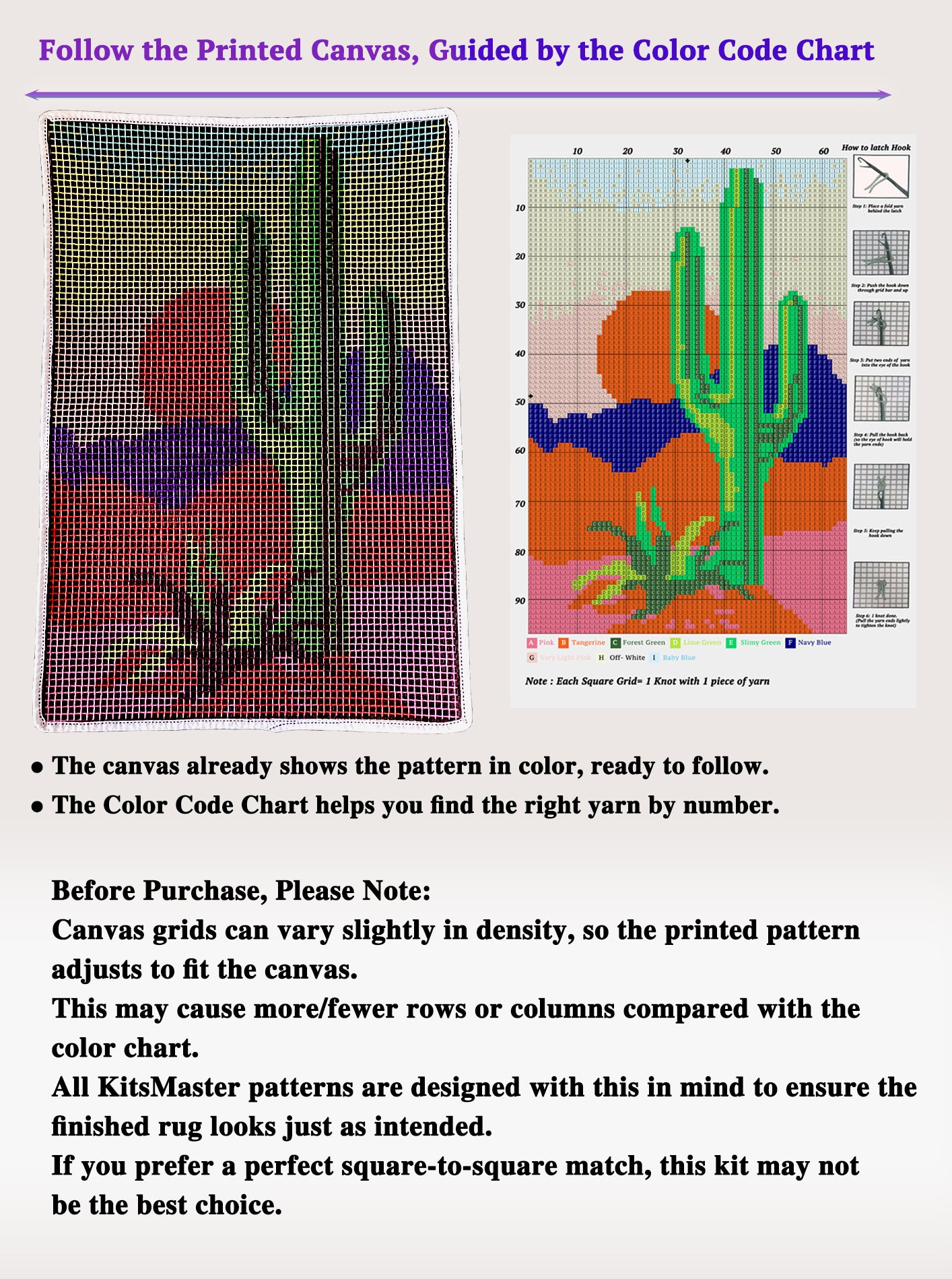 KitsMaster Cactus Latch Hook Kit | Vibrant Desert Landscape Wall Hanging | Beginner-Friendly Craft Set| Latch Hook Craft for Home Décor, 23.6''x15.8' (Sunset Cactus)