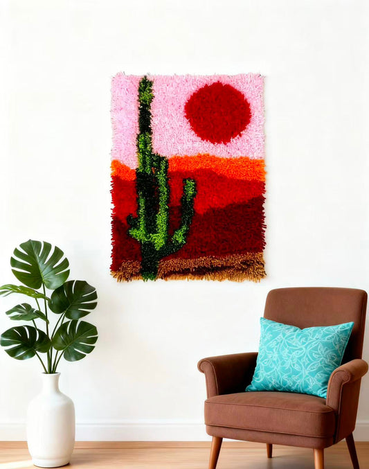 Cactus Latch Hook Kits for Adults & Beginners-Real Finished Rug Photo-Complete DIY Craft Kit, Includes Pre-Printed Canvas, Pre-Cut Yarns, Tool, Number Chart (Size 23.6" X 15.8")