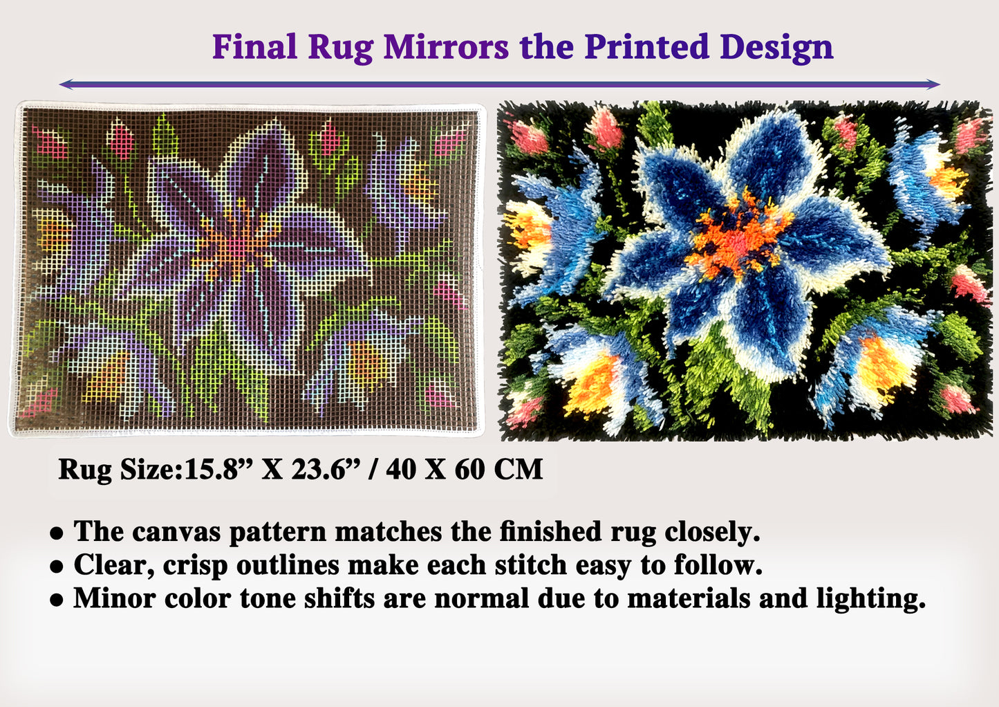 KitsMaster Blue Flower Latch Hook Kits, Pre-Printed Canvas with Color-Labeled Yarn, DIY Floral Rug Making Kit for Adults & Beginners, Perfect Craft Gift, 23.6''x15.8' (Midnight Bloom)