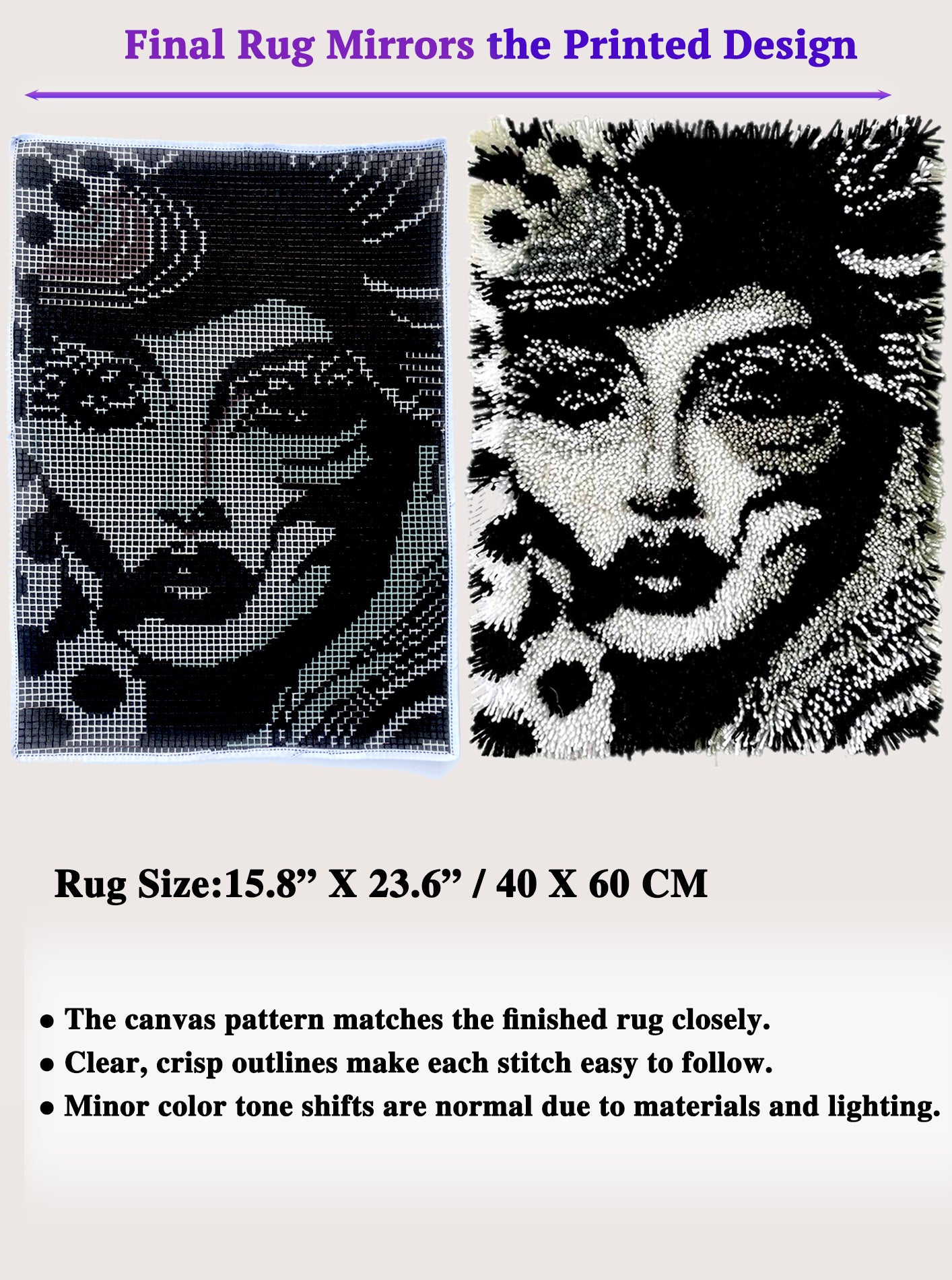 Monochrome Lady Portrait Latch Hook Kits for Adults & Beginners-Classic Retro Face Pattern-Complete DIY Craft Kit, Includes Pre-Printed Canvas, Pre-Cut Yarns, Tool, (Size 23.6" X 15.8")