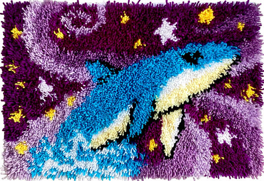 Whale's Dream–Cosmic Whale Latch Hook Kit  | Blue Whale & Purple Nebula & Starry Sky DIY Rug | Finished Rug Size 23.6 X 15.8 Inches/ 40X60 cm