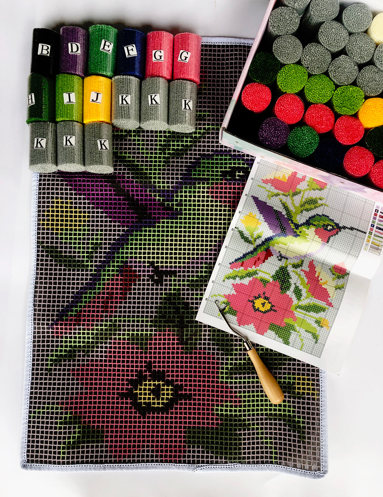 HummingBird  Latch Hook Kits for Adults & Beginners-Complete DIY Craft Kit, Includes Pre-Printed Canvas, Pre-Cut Yarns, Tool, Number Chart (Size 15.8" X23.6")