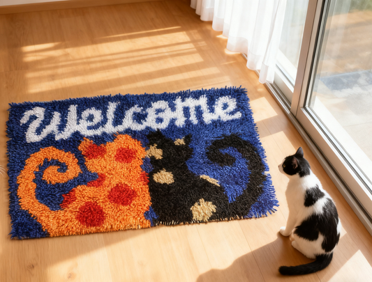 Welcome Cats Latch Hook Kit – Cozy Feline Doormat | Cat Lover's DIY Latch Hook Kit with Pre-Printed Canvas, Yarn & Tool- DIY Craft for Home Decor 23.6''x15.8'' (Welcome Cats)