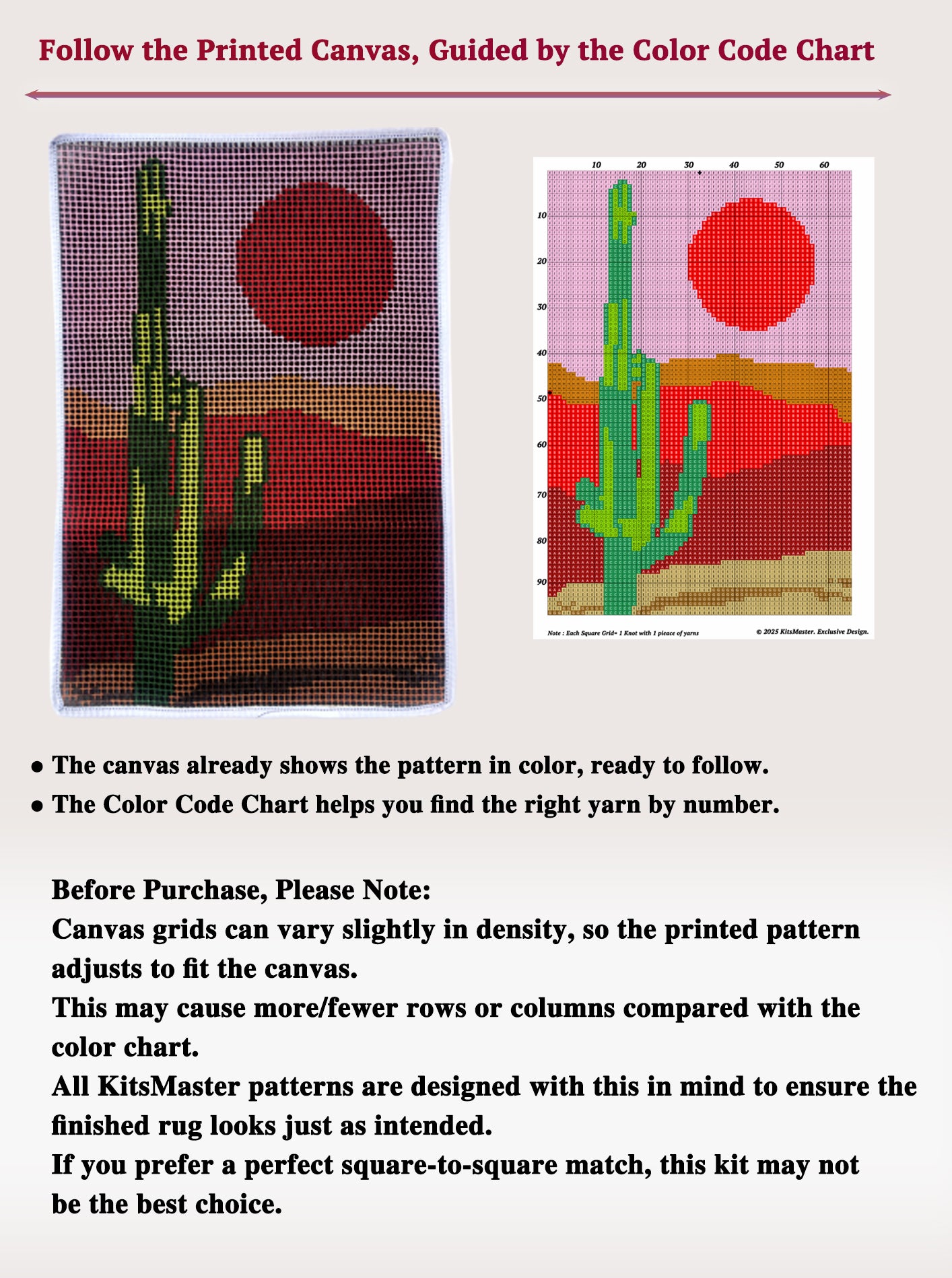 Cactus Latch Hook Kits for Adults & Beginners-Real Finished Rug Photo-Complete DIY Craft Kit, Includes Pre-Printed Canvas, Pre-Cut Yarns, Tool, Number Chart (Size 23.6" X 15.8")
