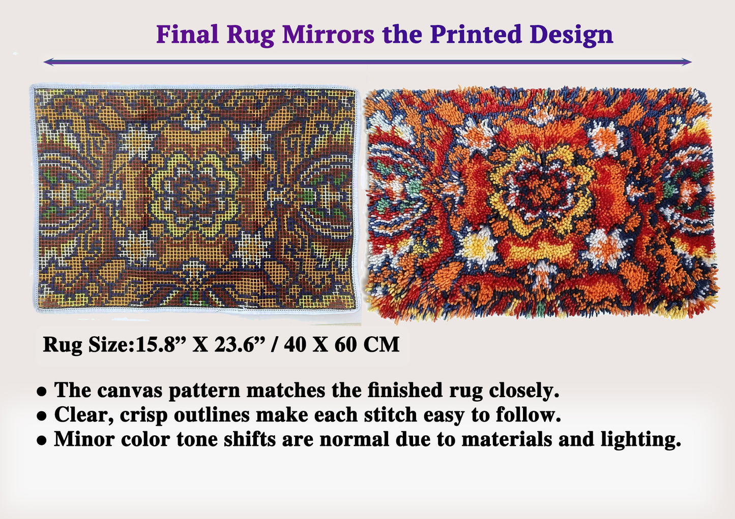 Floral Latch Hook Rug Kits for Adults, Crochet Sewing Kit Classic Latch Hook 3D Craft Kit for Home Decor Festival Gift (Size 23.6" X 15.8")