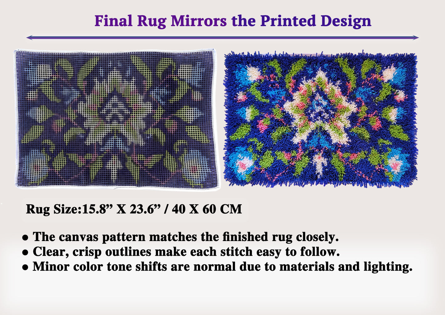 Floral Latch Hook Kits For Adult&Beginners, Complete Craft Kits For Crafters,  size 23.6''x15.8''