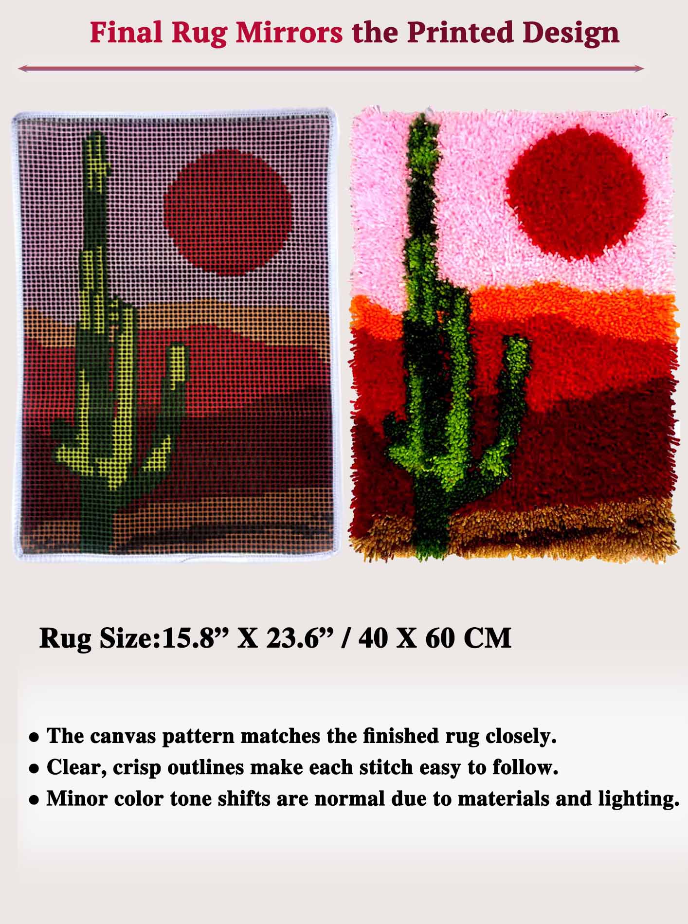 Cactus Latch Hook Kits for Adults & Beginners-Real Finished Rug Photo-Complete DIY Craft Kit, Includes Pre-Printed Canvas, Pre-Cut Yarns, Tool, Number Chart (Size 23.6" X 15.8")