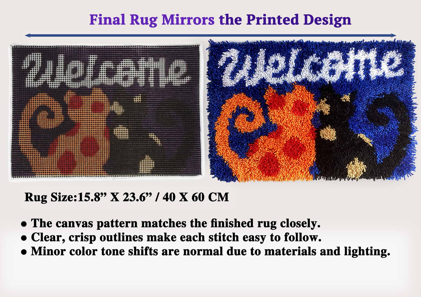 Welcome Cats Latch Hook Kit – Cozy Feline Doormat | Cat Lover's DIY Latch Hook Kit with Pre-Printed Canvas, Yarn & Tool- DIY Craft for Home Decor 23.6''x15.8'' (Welcome Cats)