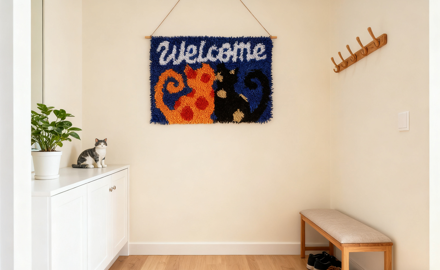 Welcome Cats Latch Hook Kit – Cozy Feline Doormat | Cat Lover's DIY Latch Hook Kit with Pre-Printed Canvas, Yarn & Tool- DIY Craft for Home Decor 23.6''x15.8'' (Welcome Cats)