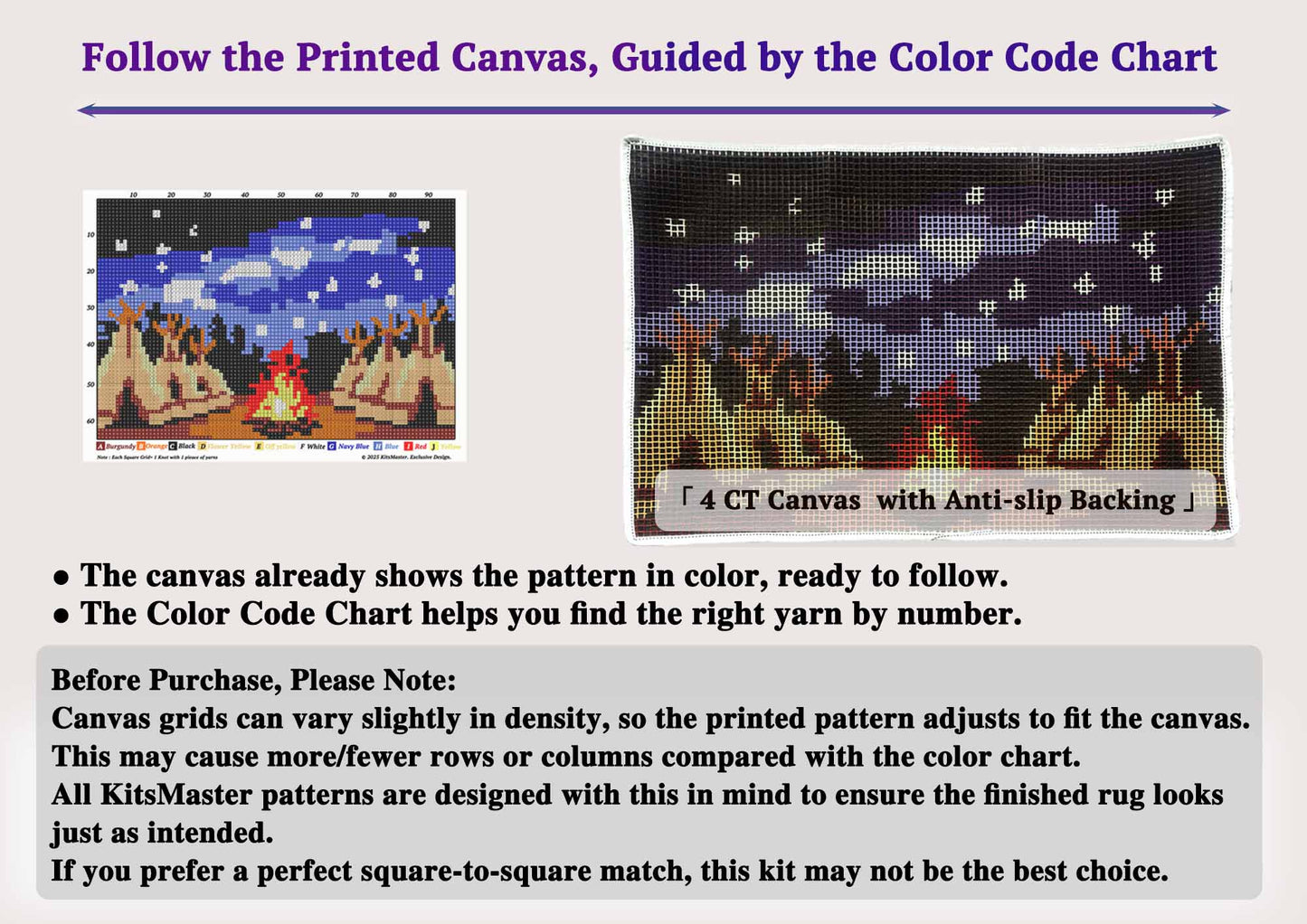 KitsMaster Campfire Night Latch Hook Kit –Cozy Tent Scene Under Starry Sky | DIY Rug Making Kit for Adults & Beginners | Pre-Printed Canvas, Soft Yarn & Anti-Slip Backing –Latch Hook Kits for Adults, Crafts for Adults, 23.6''x15.8''  (Starlit Campfire)