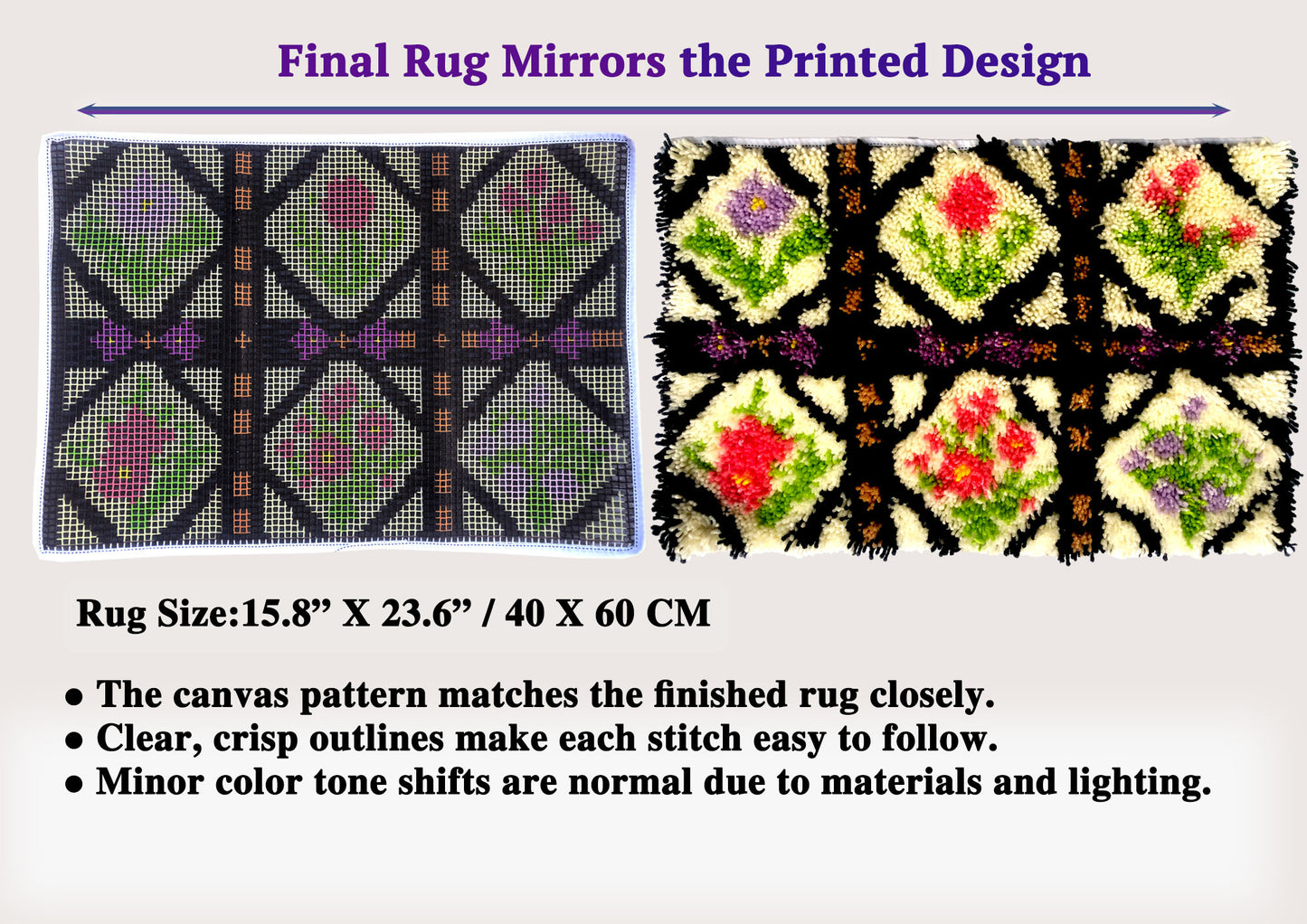 Trellis Bloom Latch Hook Kits for Adults & Beginners-Real Finished Rug Photo-Complete DIY Craft Kit, Includes Pre-Printed Canvas, Pre-Cut Yarns, Tool, Number Chart (Size 23.6" X 15.8")