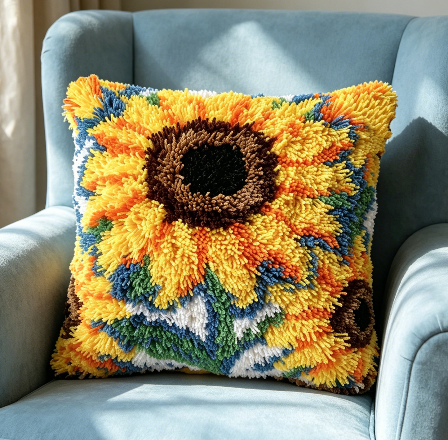 KitsMaster Golden Bloom Sunflower Latch Hook Cushion Kit, DIY Floral Cushion Rug, Bright Yellow Flower Craft Kit for Beginners Adults, 17’’X17’’/ 43X43CM ( Sunshine Sunflower)