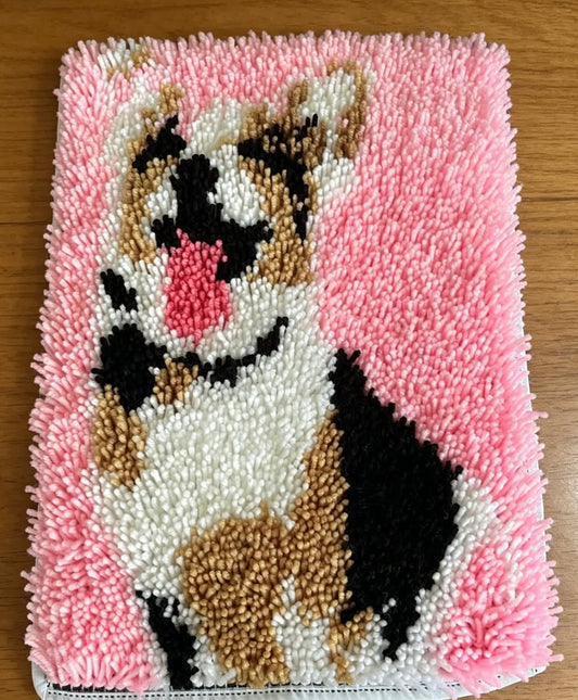 Cute Corgi Latch Hook Rug Kit – Pink Background Smiling Dog DIY Yarn Craft Kit, Adorable Puppy Rug, Pre-Printed Canvas, Relaxing Hobby Gift for Adults & Beginners( 12” X 16 ”/ 30 X 40 CM)