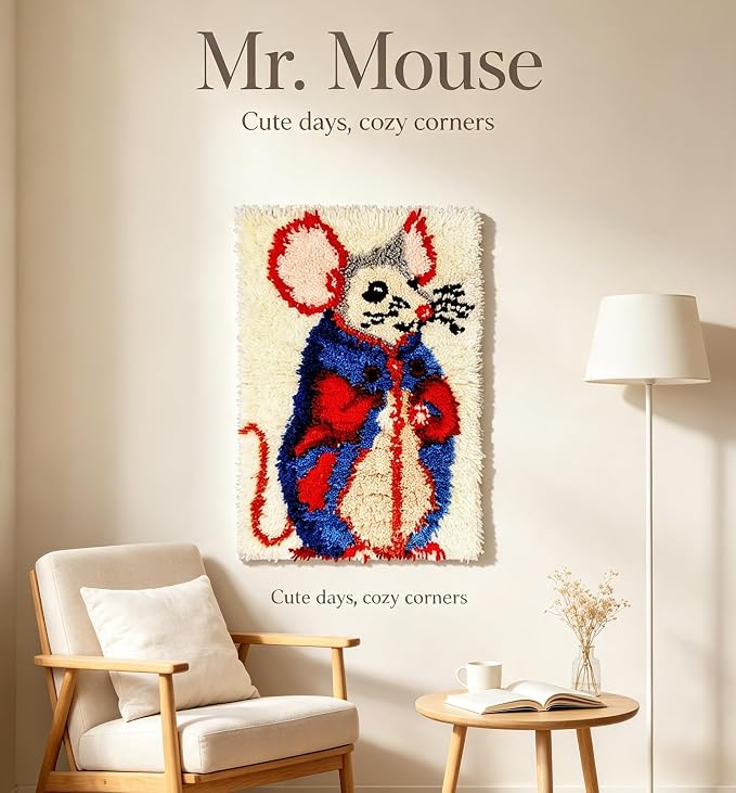 Kitsmaster Cute Mouse Latch Hook Rug Kit – Animal Latch Hook Kit Beginner Friendly with Pre-Printed Canvas, Color-Coded Yarn,  Rug Craft for Adults & Beginners, 23.6''x15.8'' (Mouse Portrait)