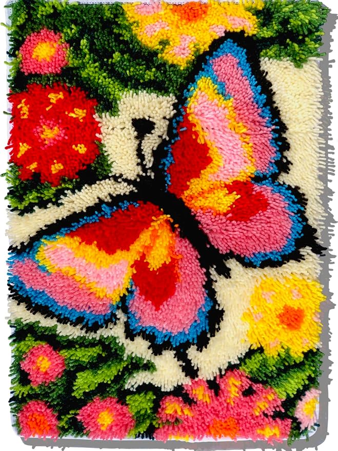 Butterfly Latch Hook Rug Kit, DIY Floral Rug Kit, Gift for Butterfly Lovers | All in One Wildflower Rug Craft Kit, Farmhouse & Garden Room Wall Hanging Decor, 23.6''x15.8'' (Butterfly Whisper)