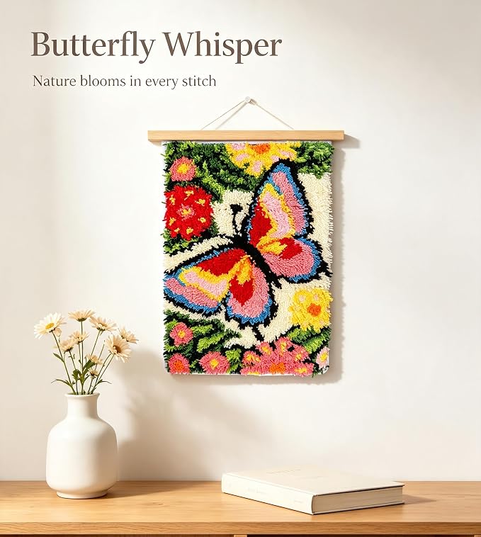 Butterfly Latch Hook Rug Kit, DIY Floral Rug Kit, Gift for Butterfly Lovers | All in One Wildflower Rug Craft Kit, Farmhouse & Garden Room Wall Hanging Decor, 23.6''x15.8'' (Butterfly Whisper)