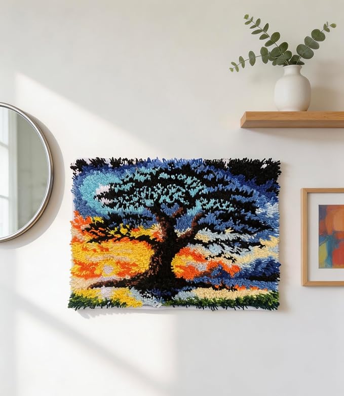 Sunset to Midnight Tree Latch Hook Rug Kit for Adults, Complete Rug Kit | Day to Night Landscape Rug Kit, Beginner Friendly, Relaxing Gift for Nature Lovers, 23.6''X15.8''(Twilight Transition Tree)