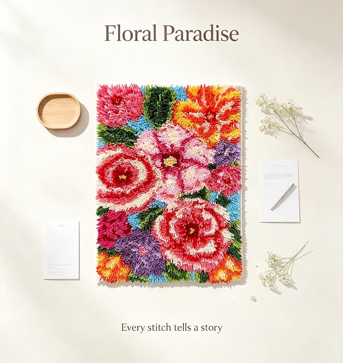 KitsMaster Floral Latch Hook Rug Kit for Adults&Beginners, Rug Making Craft | Blooming Bouquet Carpet Craft for Home Décor and Relaxing Hobby, Gift for Flower Lovers 23.6''x15.8'' (Floral Paradise)