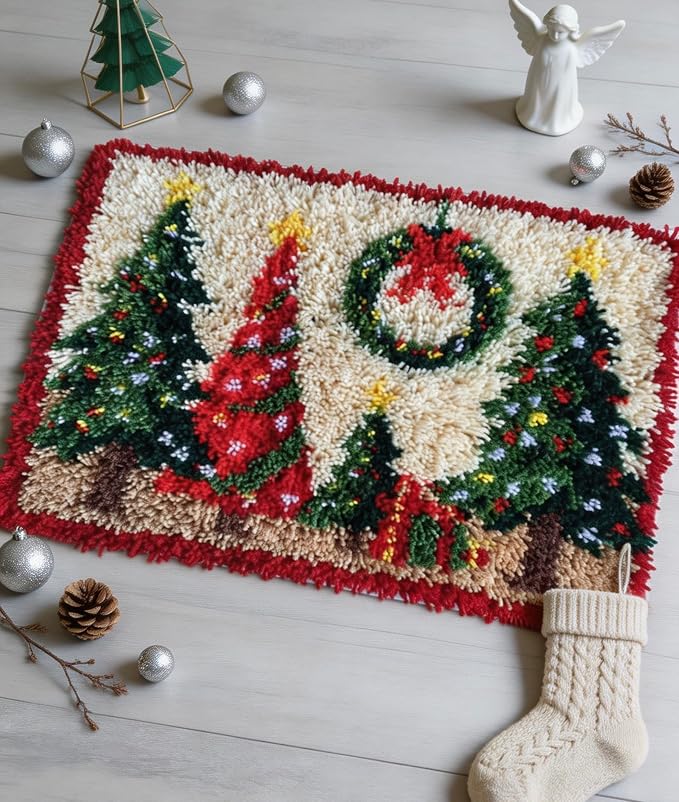 Christmas Trees Latch Hook Kits for Adults-Holiday Wreath Rug Making Kit
Latch Hook Craft Kit for Beginners, Festive Wall Hanging, Home Decor Xmas Gift 23.6''X15.8'' (Christmas Trees & Wreath)