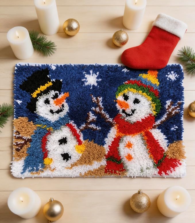 Christmas Snowmen Latch Hook Kits for Adults, Festive Rug Making Kit with Pre-Printed Canvas with Corrugated Gift Mailer Box, 23.6''X15.8'' (Snowman Duo)