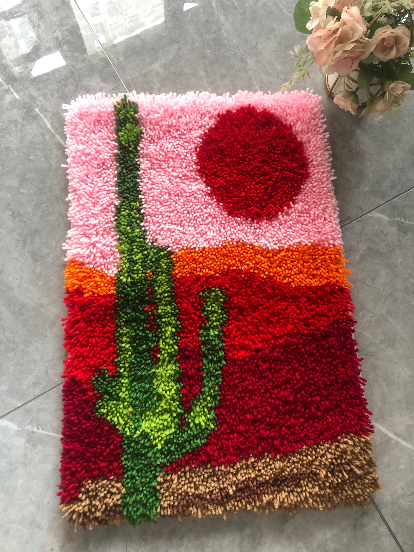 Cactus Latch Hook Kits for Adults & Beginners-Real Finished Rug Photo-Complete DIY Craft Kit, Includes Pre-Printed Canvas, Pre-Cut Yarns, Tool, Number Chart (Size 23.6" X 15.8")