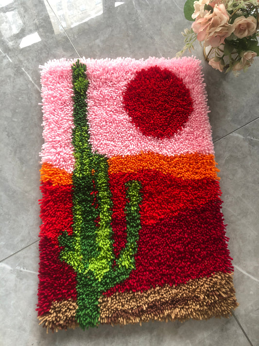 Cactus Latch Hook Kits for Adults & Beginners-Real Finished Rug Photo-Complete DIY Craft Kit, Includes Pre-Printed Canvas, Pre-Cut Yarns, Tool, Number Chart (Size 23.6" X 15.8")