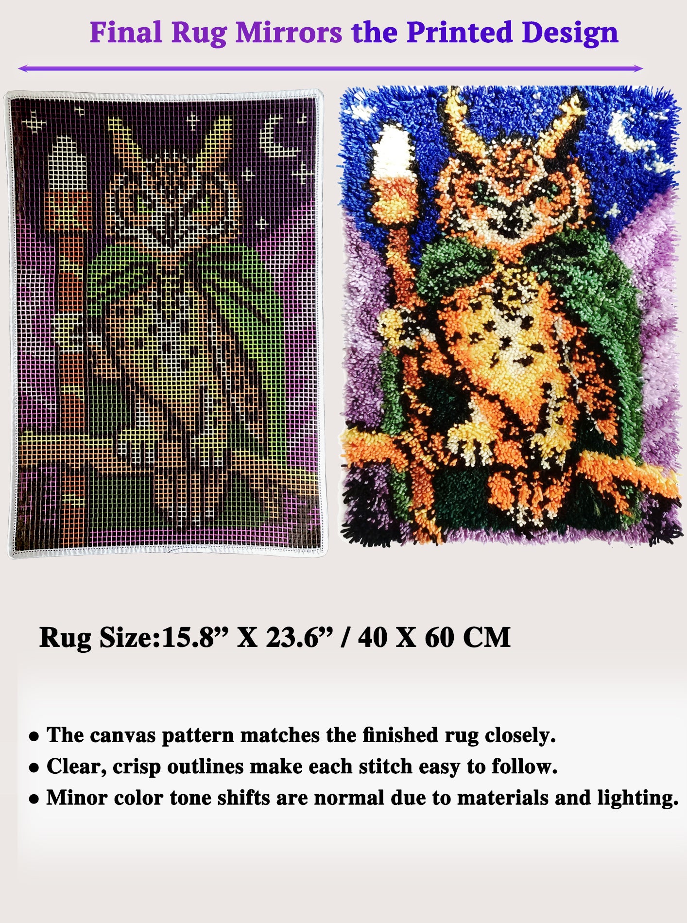 KitsMaster Owl Wizard Latch Hook Kit – Pre-Printed Canvas, Color-Coded Yarn, Starry Night Rug Craft for Adults & Beginners (DIY Carpet Making Set)