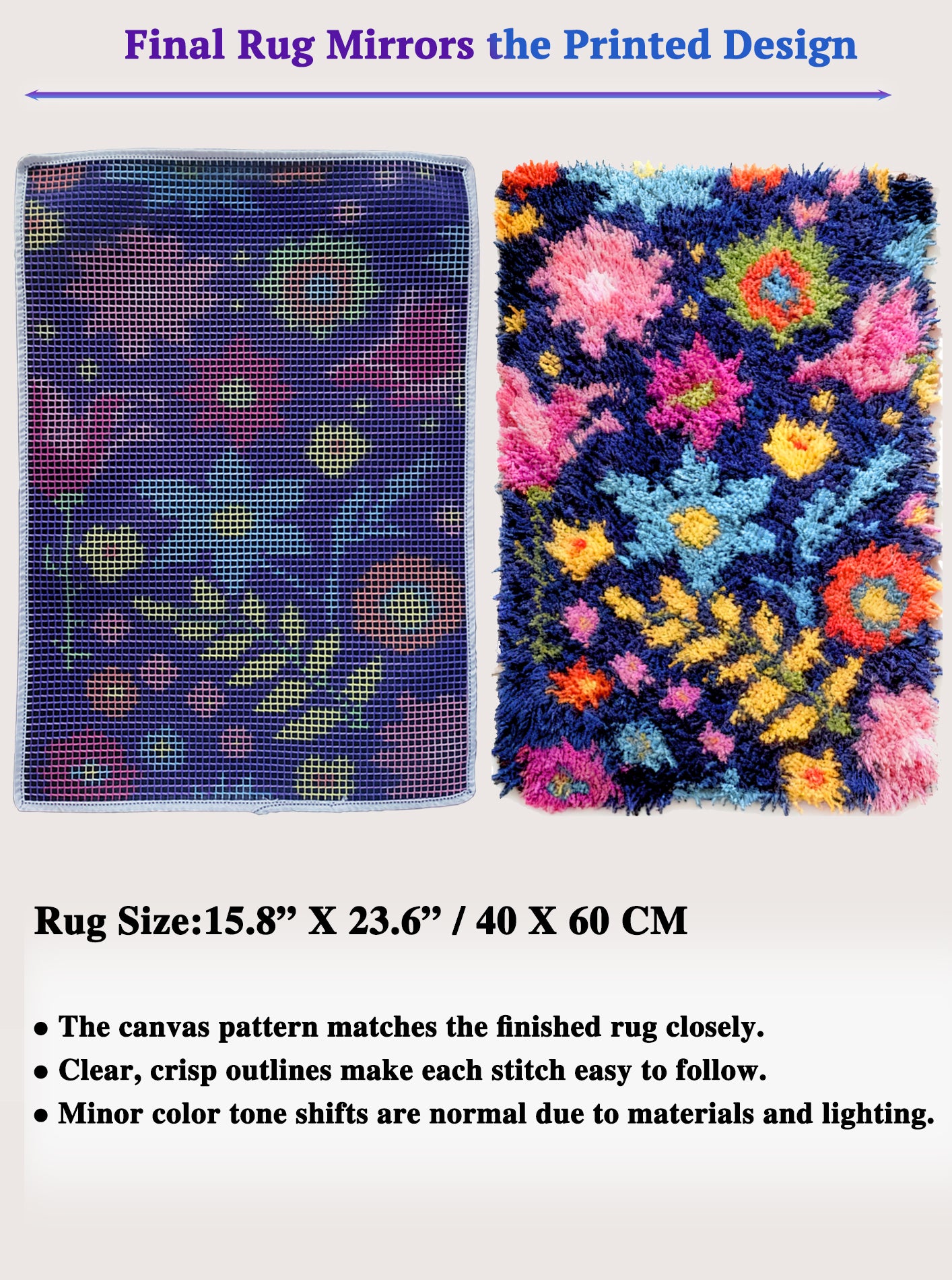 KitsMaster “Starburst Meadow” Latch Hook Kit – Pre-Printed Canvas, Color-Coded Yarn, Vibrant Abstract Floral Rug Craft for Adults & Beginners (DIY Carpet Making Set)｜Size 23.6inx15.8in