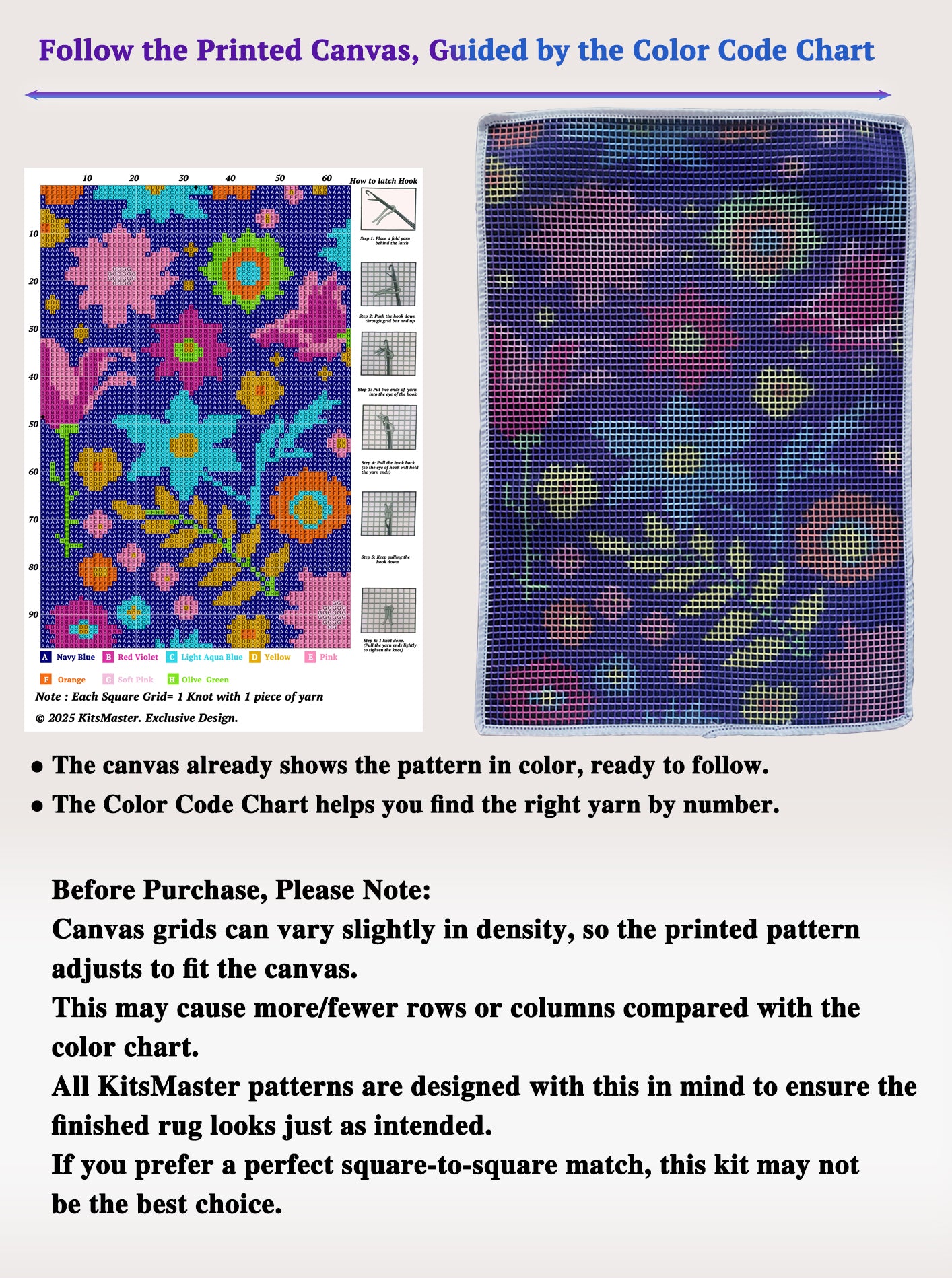 KitsMaster “Starburst Meadow” Latch Hook Kit – Pre-Printed Canvas, Color-Coded Yarn, Vibrant Abstract Floral Rug Craft for Adults & Beginners (DIY Carpet Making Set)｜Size 23.6inx15.8in