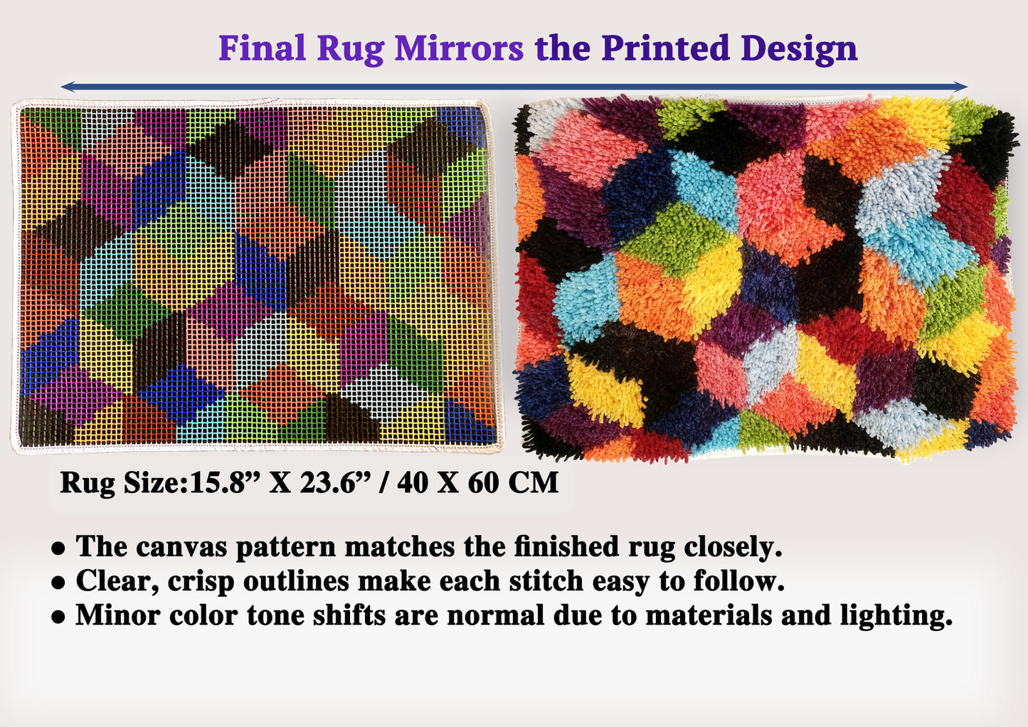 Bright Mosaic Latch Hook Kit, Vibrant Cub DIY Rug for Beginners & Adults, Relaxing Craft Kit for All Skill Levels, Craft Gift for Art Lovers, 23.6''x15.8'' (Color Blocks)
