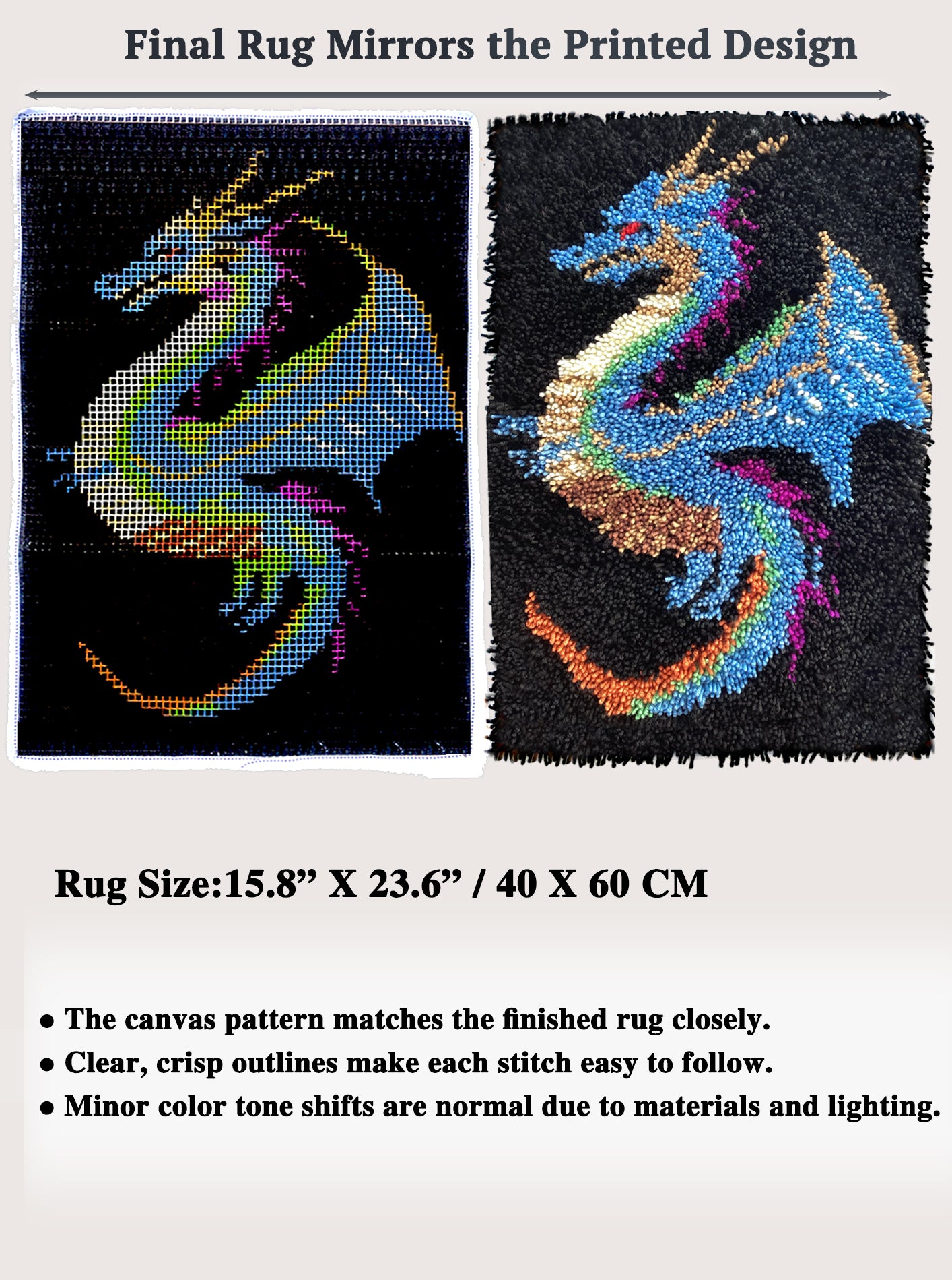 KitsMaster Dragon Latch Hook Kits for Adults & Beginners-Real Finished Rug Photo-Complete DIY Craft Kit, Includes Pre-Printed Canvas, Yarns, Tool, Number Chart (Size 23.6" X 15.8") (Mystic Dragon)