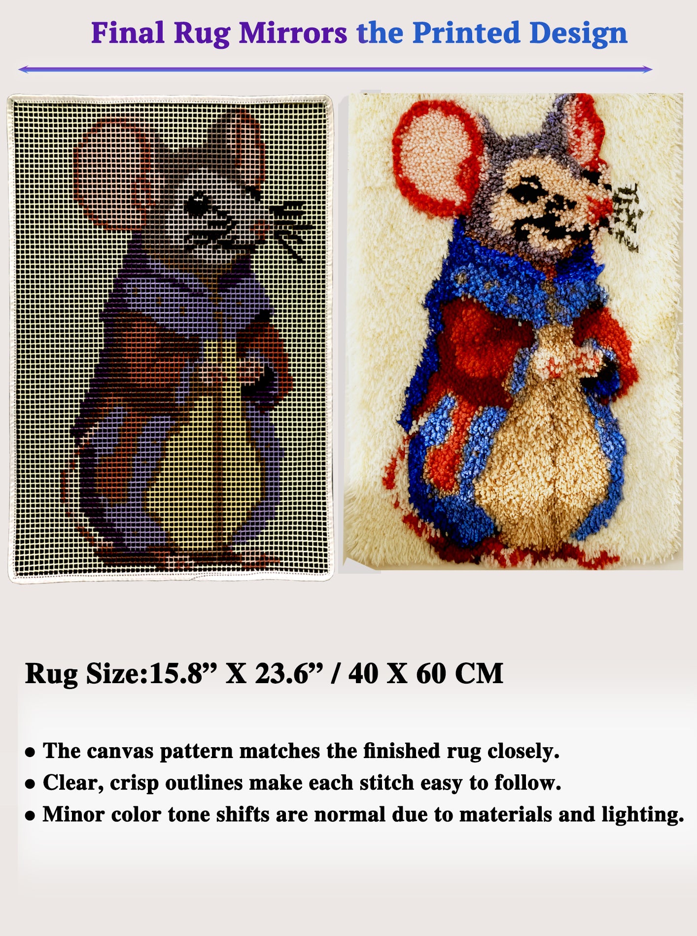 Kitsmaster Cute Mouse Latch Hook Rug Kit – Animal Latch Hook Kit Beginner Friendly with Pre-Printed Canvas, Color-Coded Yarn,  Rug Craft for Adults & Beginners, 23.6''x15.8'' (Mouse Portrait)