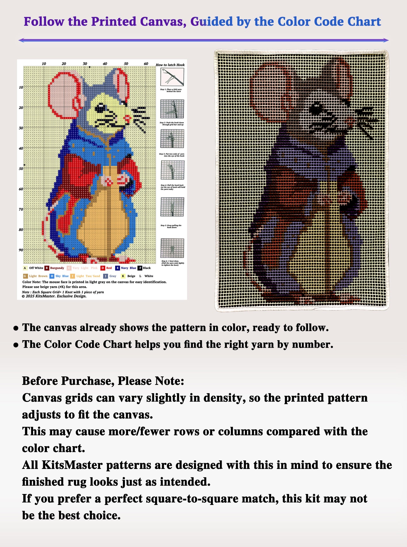 Kitsmaster Cute Mouse Latch Hook Rug Kit – Animal Latch Hook Kit Beginner Friendly with Pre-Printed Canvas, Color-Coded Yarn,  Rug Craft for Adults & Beginners, 23.6''x15.8'' (Mouse Portrait)