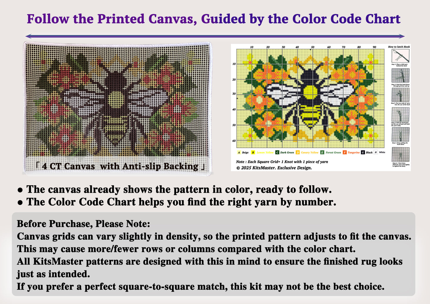 KitsMaster Buzzing Blooms” Latch Hook Kit – Bee & Flowers Design, Pre-Printed Canvas with Color-Coded Yarn, DIY Rug Making Kit for Adults & Beginners, 23.6''x15.8'' (Bee & Blossoms)