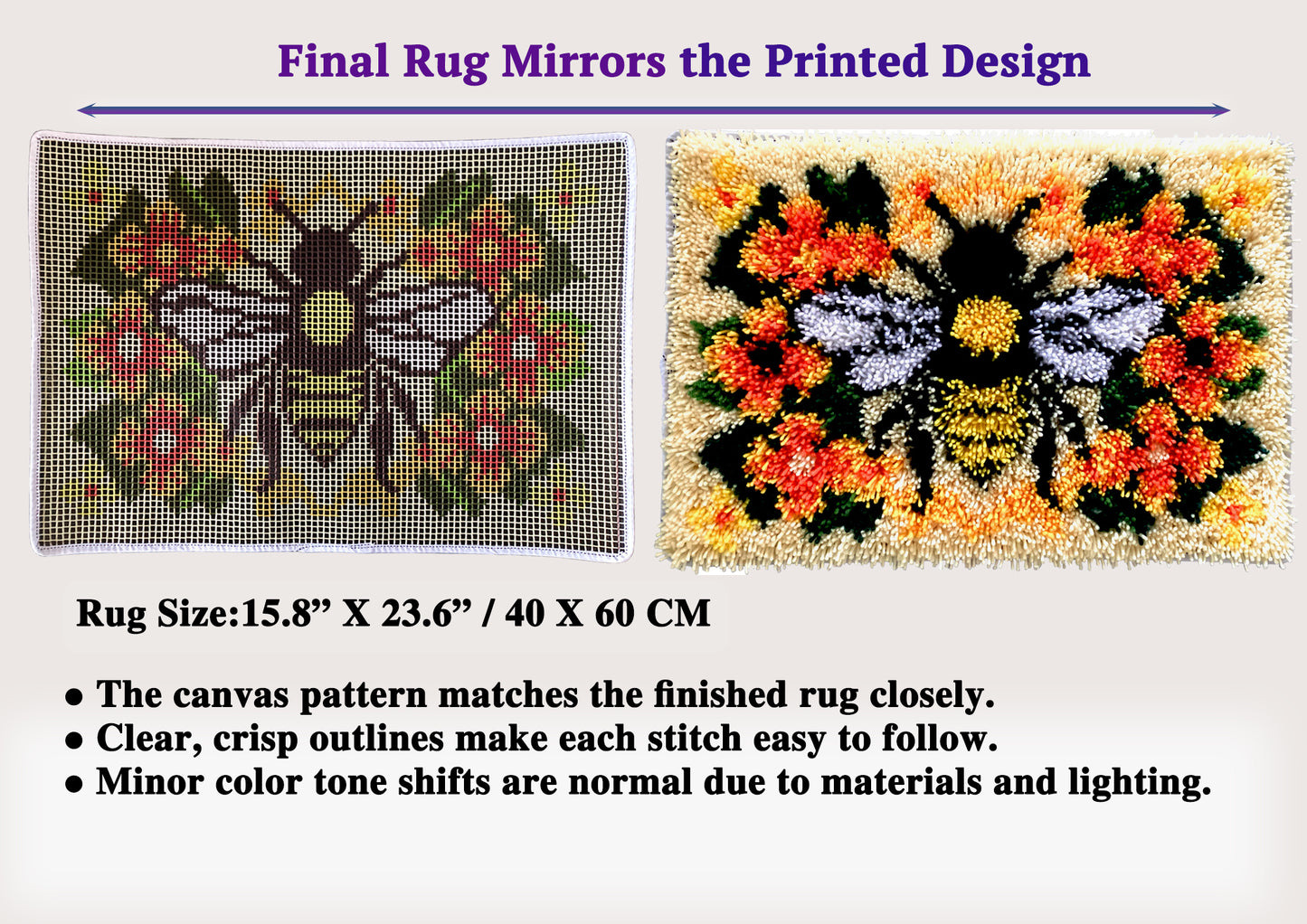 KitsMaster Buzzing Blooms” Latch Hook Kit – Bee & Flowers Design, Pre-Printed Canvas with Color-Coded Yarn, DIY Rug Making Kit for Adults & Beginners, 23.6''x15.8'' (Bee & Blossoms)