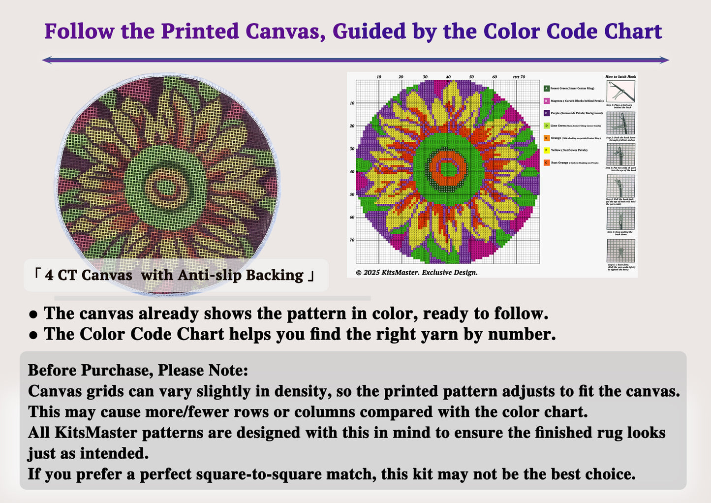 Vibrant Sunflower Floral Mandala Latch Hook Kits, with Magenta & Purple Background – Pre-Printed Canvas, Colorful Floral Rug Craft, Size 20x20in/51x51cm