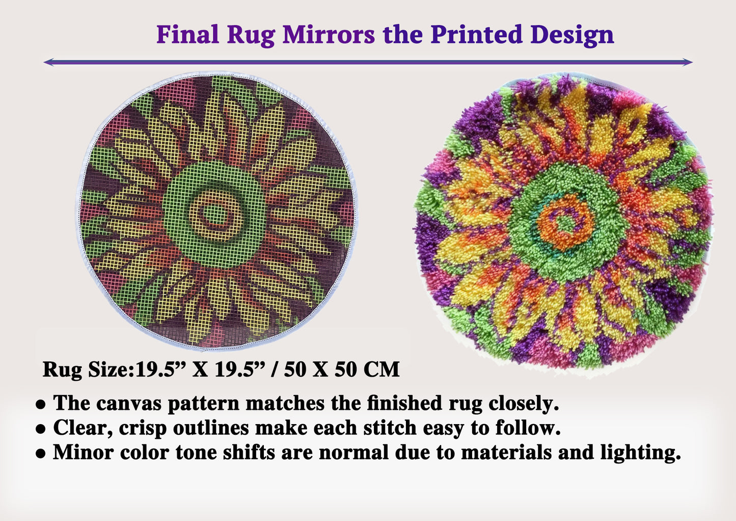 Vibrant Sunflower Floral Mandala Latch Hook Kits, with Magenta & Purple Background – Pre-Printed Canvas, Colorful Floral Rug Craft, Size 20x20in/51x51cm
