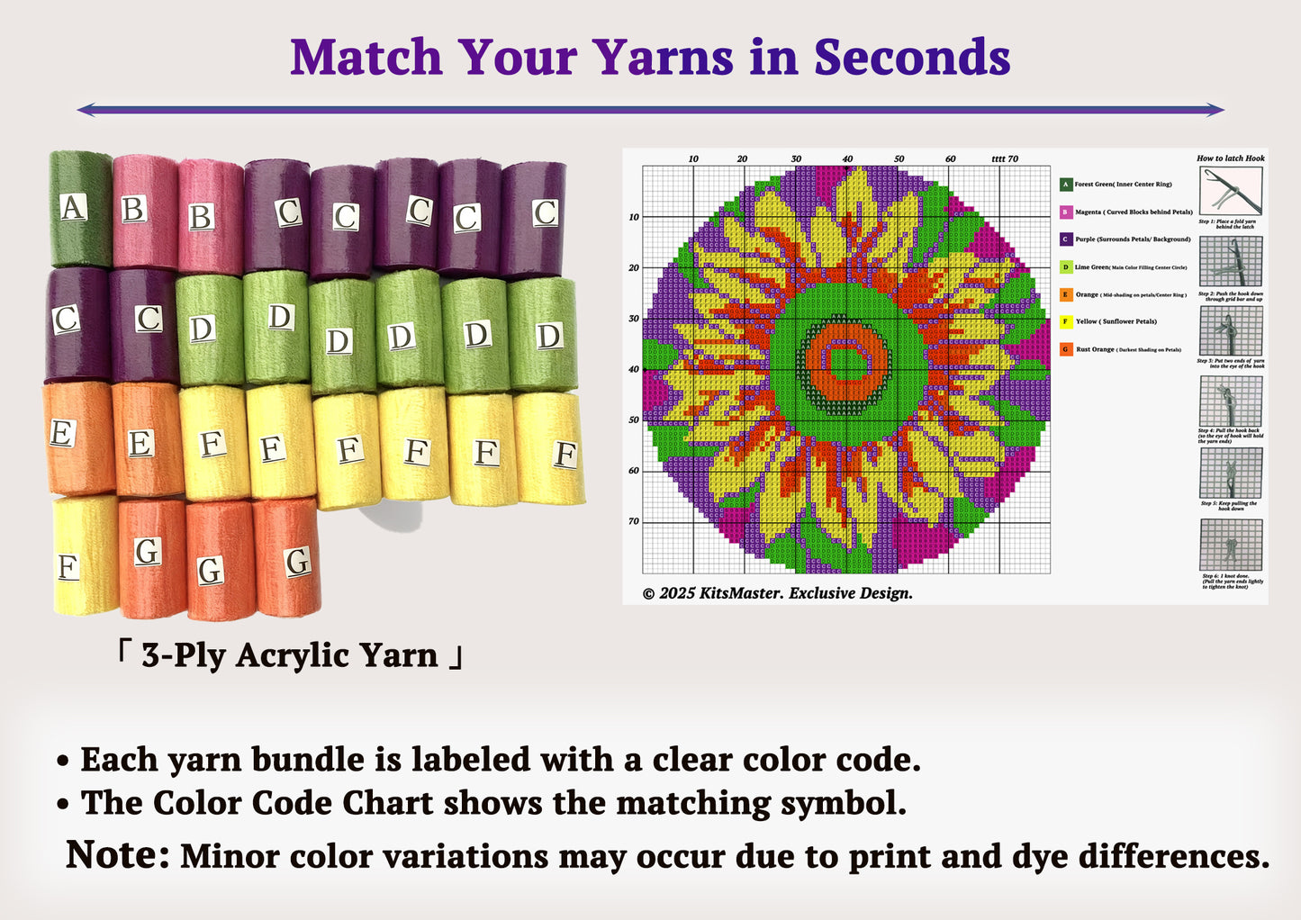 Vibrant Sunflower Floral Mandala Latch Hook Kits, with Magenta & Purple Background – Pre-Printed Canvas, Colorful Floral Rug Craft, Size 20x20in/51x51cm