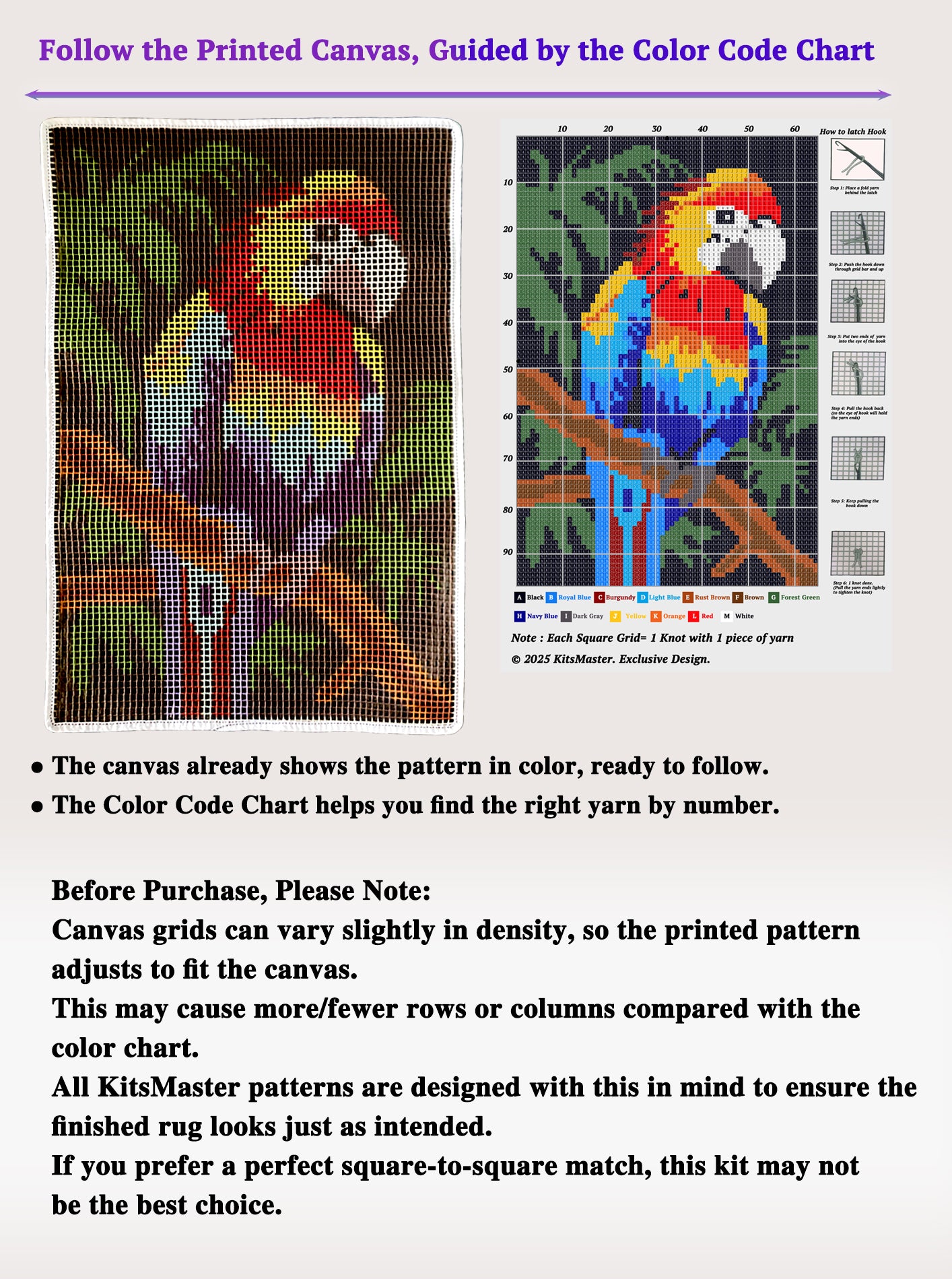 KitsMaster Tropical Parrot Latch Hook Kit – Pre-Printed Canvas, Color-Coded Yarn, Bright Macaw Rug Craft for Adults & Beginners (DIY Carpet Making Set)
