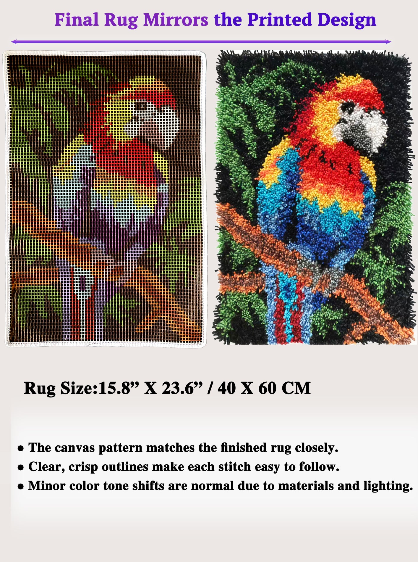 KitsMaster Tropical Parrot Latch Hook Kit – Pre-Printed Canvas, Color-Coded Yarn, Bright Macaw Rug Craft for Adults & Beginners (DIY Carpet Making Set)