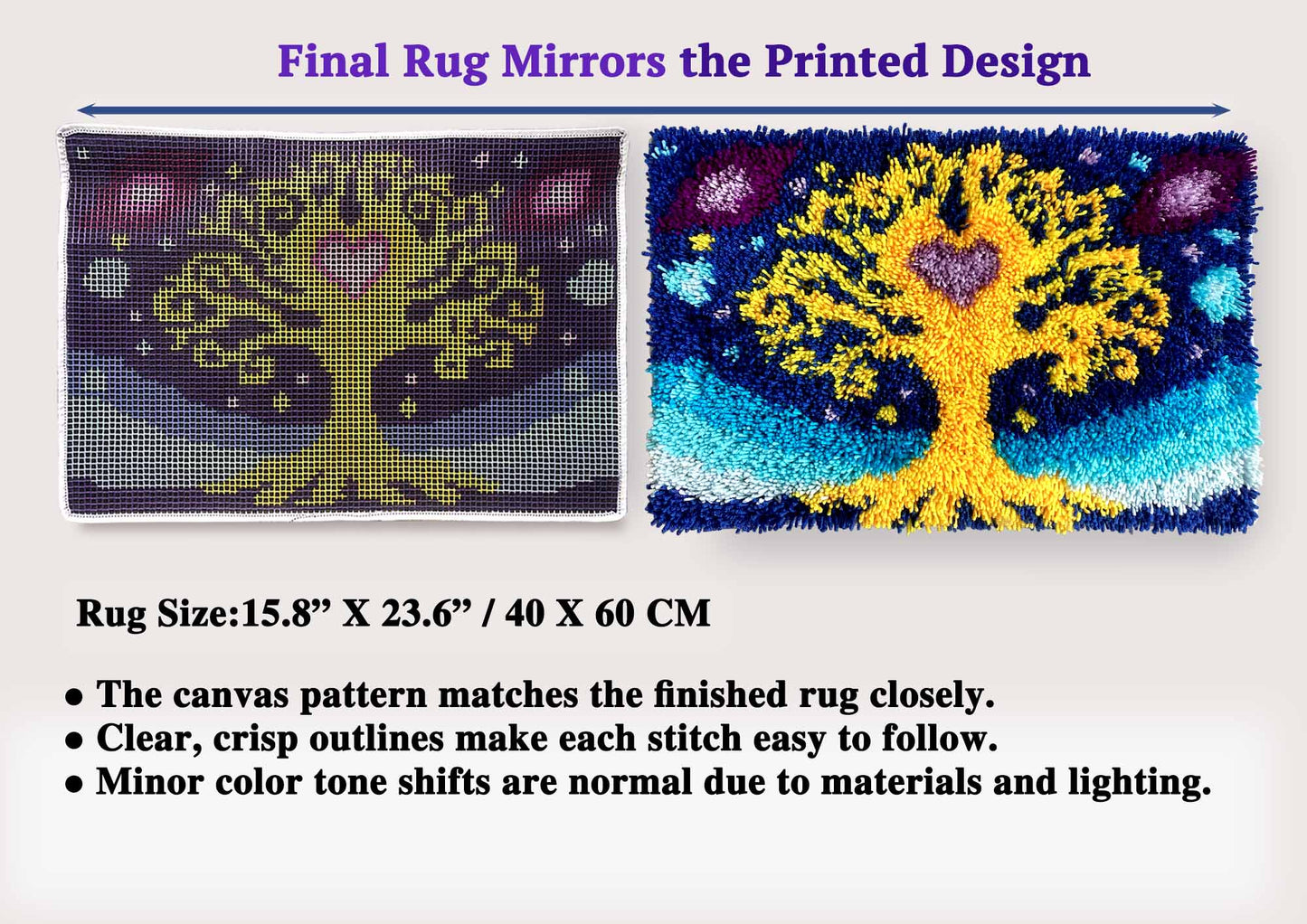 KitsMaster Golden Tree Latch Hook Kit for Adults Beginner–DIY Yarn Craft Kit with Pre-Printed Canvas, Easy Craft for Moms and Craft Lovers,  23.6''x15.8'' (Tree of Love)